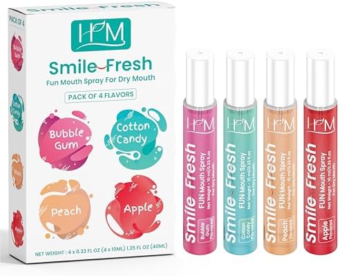HM - Dry Mouth Fun 4 Flavoured Spray - Peach, Bubble Gum, Cotton Candy & Apple - Alcohol Free, Instantly Hydrate & Moisturize, Ph Balanced, Promotes Saliva Production & Soothes Pack of 4 x 0.33 oz