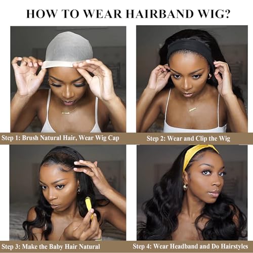 Colorful Queen Glueless Headband Wig Long Black Body Wave Headband Wigs for Black Women Synthetic Natural Looking Wavy Wig Heat Resistant 180% Density (26inch, 1B#)