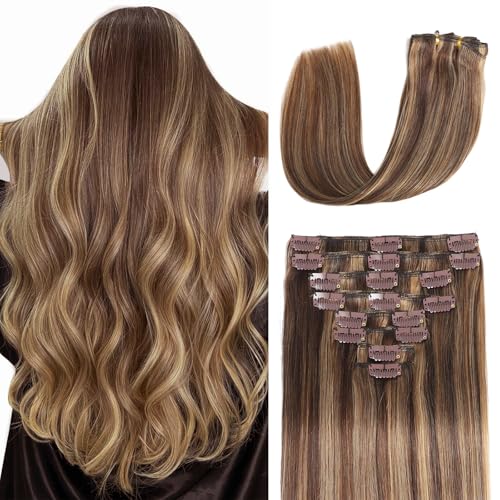 Clip in Hair Extensions Real Human Hair, Seamless Clip ins Real Human Hair for Women, Balayage Remy Human Hair Clip in Extensions, Double Weft 8pcs 16 inch Chocolate Brown to Caramel Blonde