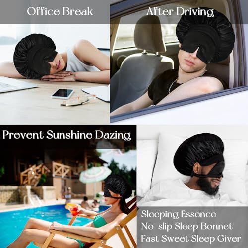 BONNET QUEEN Silk Bonnet for Sleeping Women Satin Bonnet with Eye Mask Non Slip Hair Wrap for Curly Hair Night Sleep Cap Black