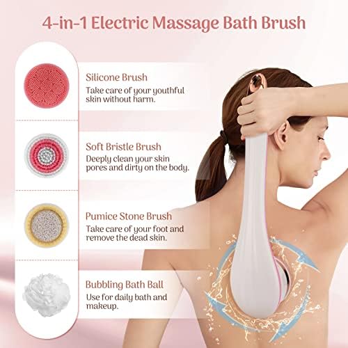 Color You Electric Body Brush for Exfoliating and Massage, Long Handle Electric Bath Brush Rechargeable Body Scrubber, Soft Silicone Spinning Skin Brush with 4 Spin Brush Heads for Man and Women