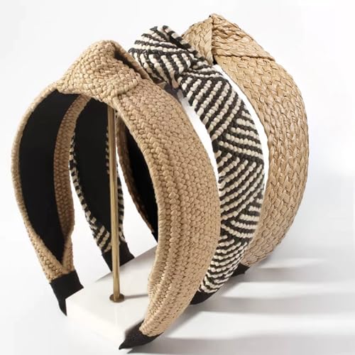 Knotted Headbands for Women Summer Trendy Straw Headband with Knot, 3PCS Women Boho Head Band for Beach Vacation Fashion Hair Accessories