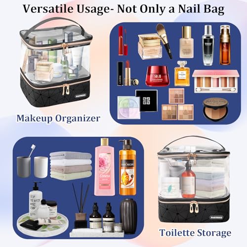 Clear Nail Polish Organizer Holds 30 Bottles (15ml/0.5fl.oz)& Nail Lamp, Double Layer Nail Supplies Organizer Case Transplant, PU Leather Nail kit Storage Bag for Manicure Tools (Black)
