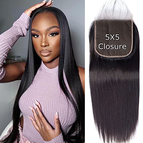 Hd Closure 5x5 Straight Closure 5x5 Transparent Lace Closure 12A Virgin Remy Human Hair Frontal Closure Pre Plucked With Baby Hair Natural Black Color(14inch)