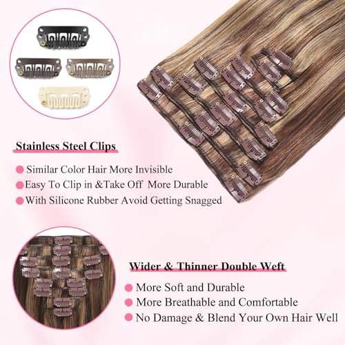 Clip in Hair Extensions Real Human Hair, Seamless Clip ins Real Human Hair for Women, Balayage Remy Human Hair Clip in Extensions, Double Weft 8pcs 16 inch Chocolate Brown to Caramel Blonde