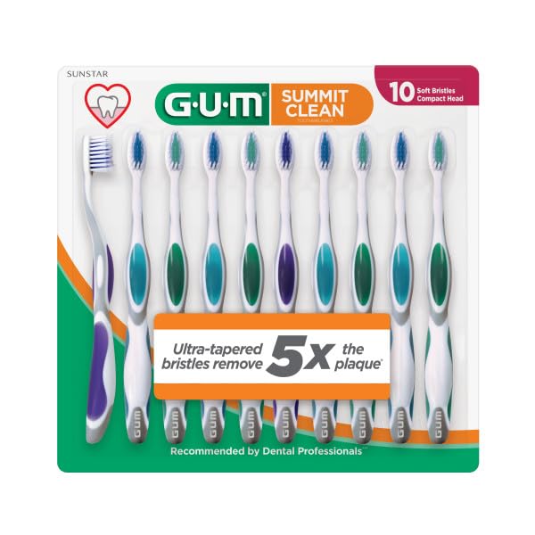 GUM Summit+ Soft Toothbrush, Ultra Fine Tapered Bristles for More Effective Plaque Removal, Extra Soft Toothbrushes for Adults, 10 Count