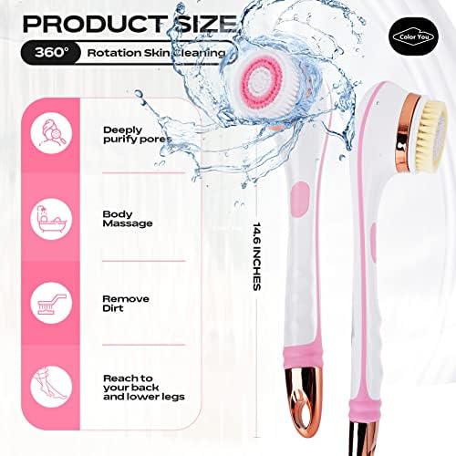 Color You Electric Body Brush for Exfoliating and Massage, Long Handle Electric Bath Brush Rechargeable Body Scrubber, Soft Silicone Spinning Skin Brush with 4 Spin Brush Heads for Man and Women
