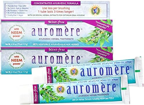 Auromere Ayurvedic Herbal Toothpaste, Mint Free - Vegan, Natural, Non GMO, Fluoride Free, Gluten Free, with Neem & Peelu (4.16 oz), 2 Pack