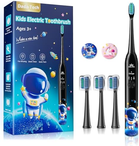 Kids Electric Toothbrush Rechargeable Age 3-5-6-12-18 Year Old, Sonic Toothbrush Kids with Timer 3 Modes 4 Vibrating Heads Habit Stickers Tooth Brush for Girls Boys and Childrens (Astronaut Black)