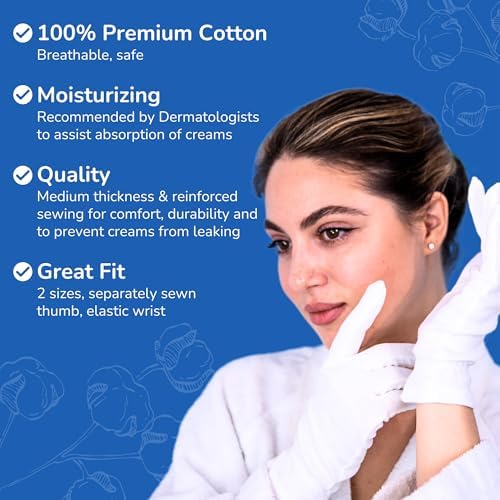 Cotton Gloves - for Beauty, Dry Hands, Eczema, Dermatitis and Psoriasis (7 Pairs) with Free Gifts (Professional Nail Buffer & Washing Bag) (Large)