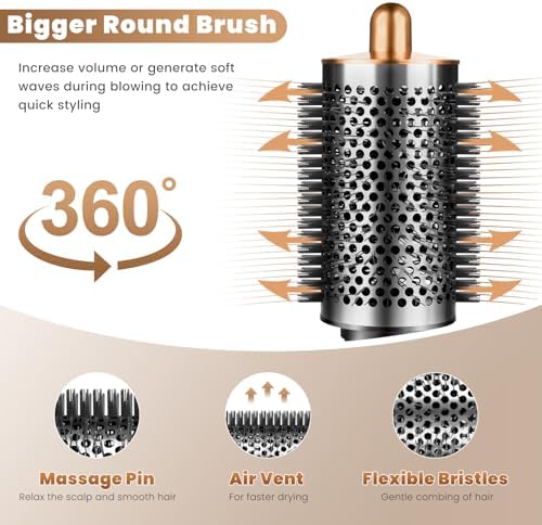 Large Volumizing Round Brush for Dyson Airwrap Styler Attachment,Upgraded Larger Round Brush Tool and Hair Style Replacement for Airwrap Accessories (Nickel/Copper)