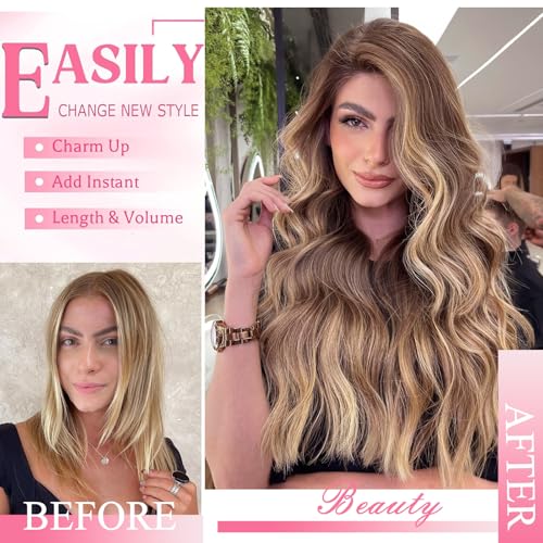 Clip in Hair Extensions Real Human Hair, Seamless Clip ins Real Human Hair for Women, Balayage Remy Human Hair Clip in Extensions, Double Weft 8pcs 16 inch Chocolate Brown to Caramel Blonde