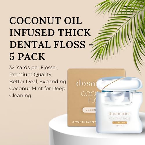 Coconut Oil Infused Thick Dental Floss 5 Pack, Coconut Mint Expanding Dental Floss, Oral Care Stretchable Floss, Tooth Floss for Plaque Removal and Gum Protection, 32 Yards x 5 Flossers