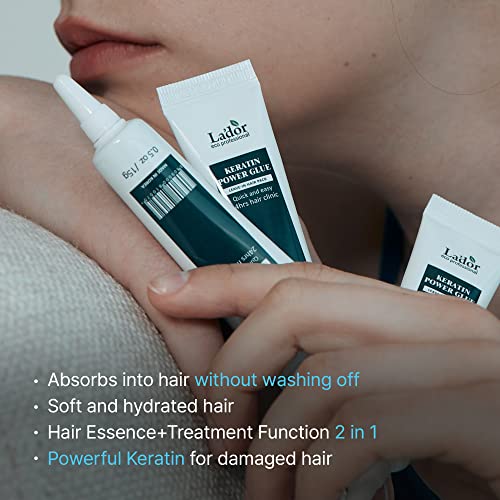 LA'DOR Keratin Power Glue Leave-In Conditioner Protein Hair Treatment Mask Heat Protectant Gloss Shine Snail Mucin Detangler Serum for Dry Damaged Curly Color Treated Bleached Hair 5.3 Oz LADOR Korean