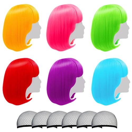 Colored Wigs 6 Pack, Short Bob Hair Neon Colorful Party Wigs for Women Girls Cosplay Costume Party Holiday Bachelorette Night Club (Orange,Red,Blue,Purple,Green,Hot Pink)