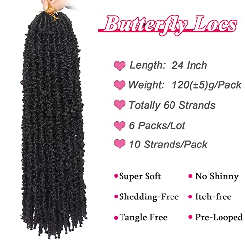 Leeven 24 Inch Butterfly Locs Crochet Hair 6 Packs Distressed Faux Locs Crcoeht Hair 1B# Pre-twsied Synthetic Fluffy Goddess Butterfly Soft Locs Crochet Braids Hair Extensions