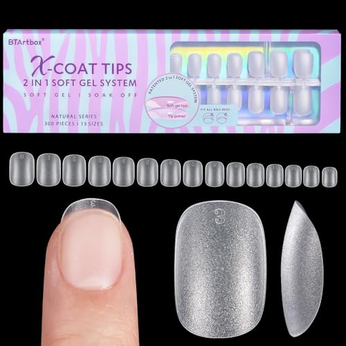 BTArtbox Extra Short Square Nail Tips - Short Squoval Gel Nail Tips, Natural Fake Nails with Tip Primer Cover, Pre-shaped Upgrade Matte Full Cover Nails for Home DIY Nail Salon