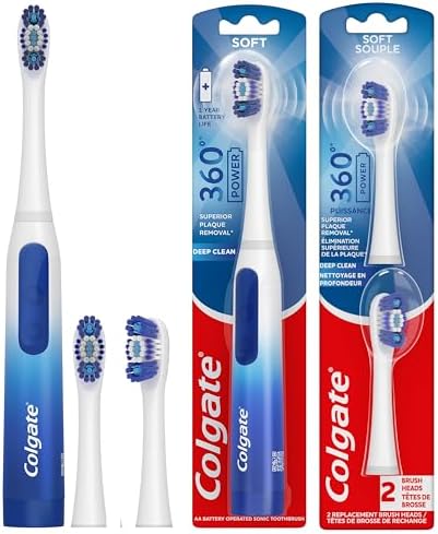 Colgate 360 Floss Tip Sonic Powered Battery Toothbrush, 2 Pack with Floss Tip Refill Heads