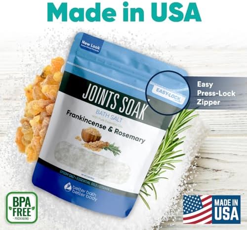 Joints Soak Bath Salt 32 Ounces Epsom Salt with Natural Rosemary, Frankincense and Peppermint Essential Oils Plus Vitamin C in BPA Free Pouch with Easy Press-Lock Seal