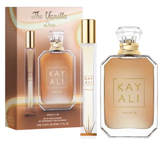 Huda Kayali Beauty The Vanilla Duo Limited Edition Gift Set: Vanilla | 28 Eau De Parfum Full Size (1.7 fl oz / 50 ml) and Travel Size Spray (0.33 fl oz / 10 ml)