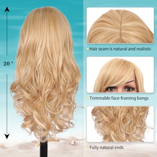 Kalyss Blonde Wig With Bangs Long Blonde Curly Wigs for Women Heat Resistant Synthetic Hair Wavy Blonde Highlights Wigs for Women 22 Inches