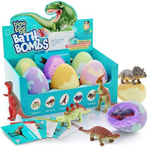 Dan&Darci Dino Egg Bath Bombs for Kids - Kid Baths Bomb with Surprise Inside - Dinosaur Toys Gift for Boys and Girls Ages 6 7 8 Years Old Gifts - Fun Educational Toy Fizzy - Basket Stuffers