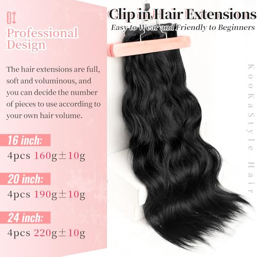 KooKaStyle Clip in Synthetic Hair Extensions Long Wavy 4PCS Thick Hairpieces Black Fiber Double Weft Natural Hair Extensions 24 Inch for Women
