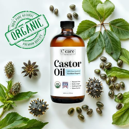 Castor Oil 100% Pure Organic Cold Pressed Unrefined Glass Bottle With Pump | USDA Certified Organic | Hexane Free Extra Virgin | For Hair Growth Eyebrows Eyelashes Skin and Castor Oil Pack Wrap | 16oz