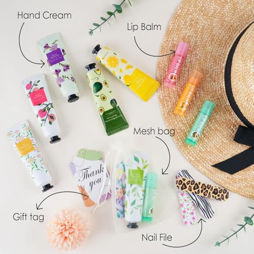 Hand Cream and Lip Balm Bulk 24 Gift Sets Party Favors for Baby Shower Bridal Shower Wedding for Guests Prizes Women Adults Bachelorette Travel With Nail Files Thank You Cards Organza Bags