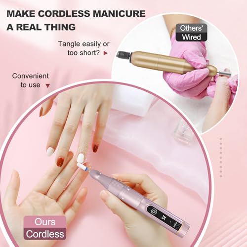 Cordless Nail Drill, 35000RPM Professional Efile Nail Drill Machine, LCD Display Rechargeable Portable Electril Nail Drill with 12pcs Bits and 6pcs Sanding Bands for Acrylic Nails Gel Polish Remover