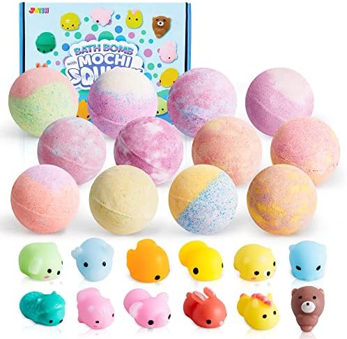 JOYIN Big Bath Bombs for Kids with Mochi Toy, 12 Pack Bubble Bath Bombs with Surprise Toy Inside, Natural Essential Oil SPA Bath Fizzies Set, Party Favors for Boys Girls Birthday Gifts