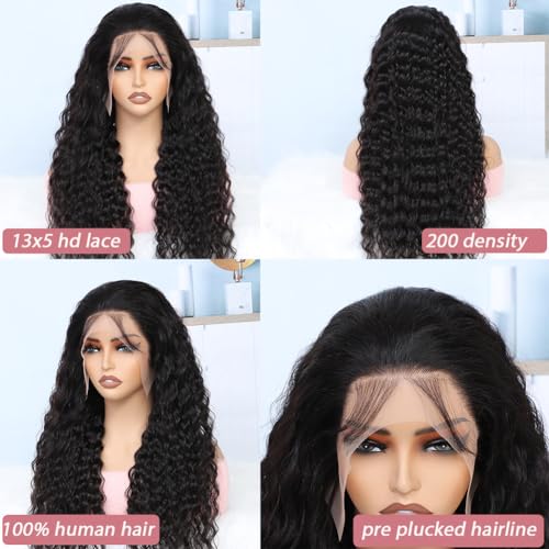 Keshon 13x5 Deep Wave Lace Front Wigs Human Hair 200% Density Deep Wave Frontal Wig Pre Plucked HD Transparent Full Lace Frontal Wigs Human Hair with Baby Hair Natural Color 28 inch