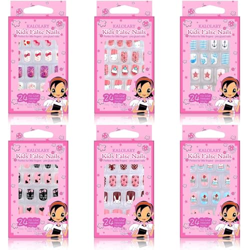 Kalolary 144 PCS Kids False Nail for Girls Gift, Press on Nail Color Short Fake Nails Artificial Nail Full Tips, Lovely Valentine's Day Gift for Little Girls Nail Art Decoration (6 Pack)