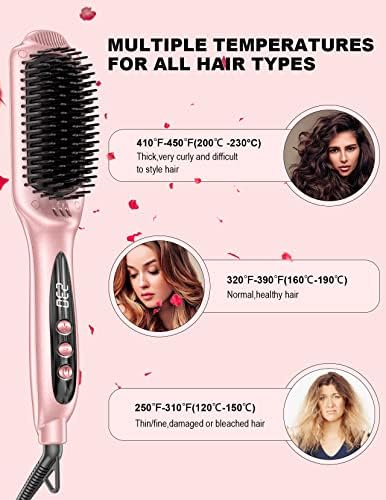LANDOT Inoic Hair Straightener Brush for Smooth, Frizz-Free Results - Electric Heated Ceramic Straightening Brush Dual Voltage - Fast Heating Adjust Temp 250-450F for All Hair Types