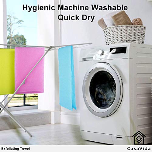 CasaVida Exfoliating Washcloth Back Scrubber for Shower Exfoliating Body Scrubber Japanese Beauty African Net Sponge Bath Korean Loofah Towel Wash Cloth Body Scrub 3 Pack (Navy-Blue x 3)