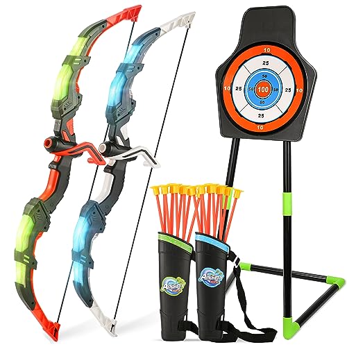 Bow and Arrow Set for Kids, 2-Pack LED Light Up Archery Set with 20 Suction Cup Arrows, Outdoor Toy for Boy Girl Age 4-8 8-12 with Standing Target&2 Quivers, Birthday Gift for Kid 5 6 7 8 9 Year Old