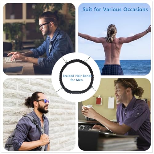 Large Braided Mens Hair Ties, Man Hair bands for Longhairs Men Bun, Black Pony Tails Ties for Women,Guys, Bracelet Hair Tie,For Thick and Thin Hair,12 Packs,Durable (Black)