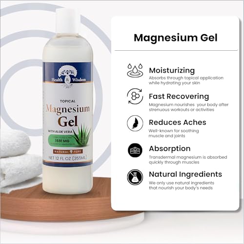 Health and Wisdom Topical Magnesium Gel with Aloe Vera - Magnesium Gel Topical for Muscles, All Natural Topical Magnesium Chloride Gel - 12 Fl Oz