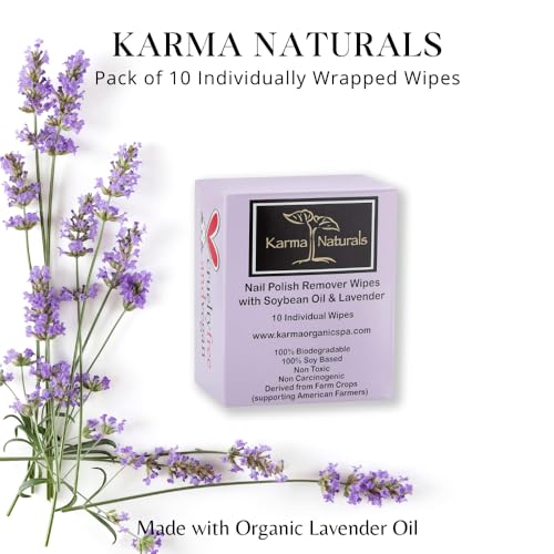 Karma Organic Natural Nail Polish Remover Wipes with Soybean and Lavender Oil, 100% Soy Based, Non-Toxic, Vegan, Cruelty-Free – Pack of 10