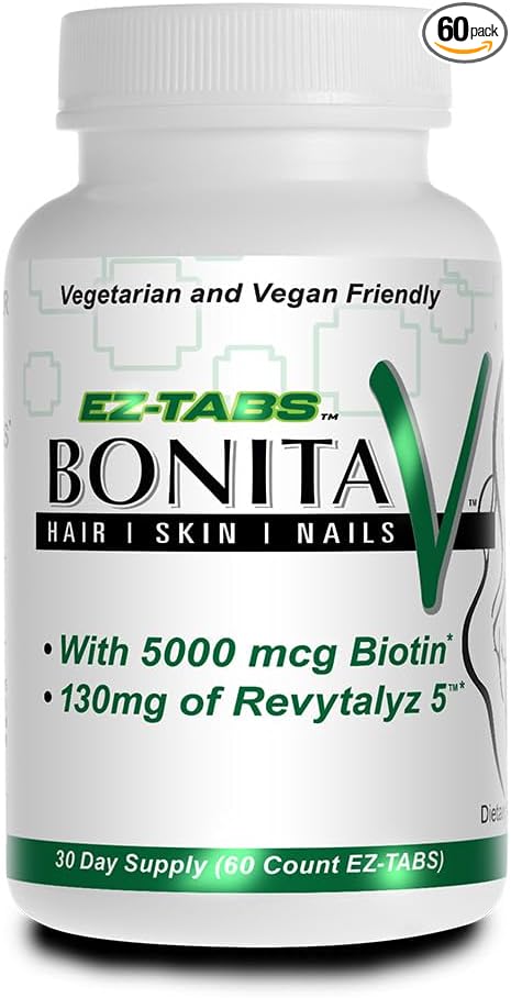 Bonita V Vegan Hair Nails and Skin Vitamins for Women - 20 Active Ingredients Including Biotin - Stronger Nails, Healthy Skin, Hair Growth - 60 EZ-TAB Veggie Tablets