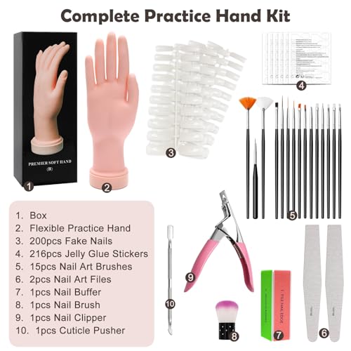 Coitak Practice Hand for Acrylic Nails, Flexible Fake Hands, Manicure Training Hand Nail Kit for Beginners, Nail Practice Hand with 200PCS Nail Tips, Nail Glue Stickers, Brush and Clipper