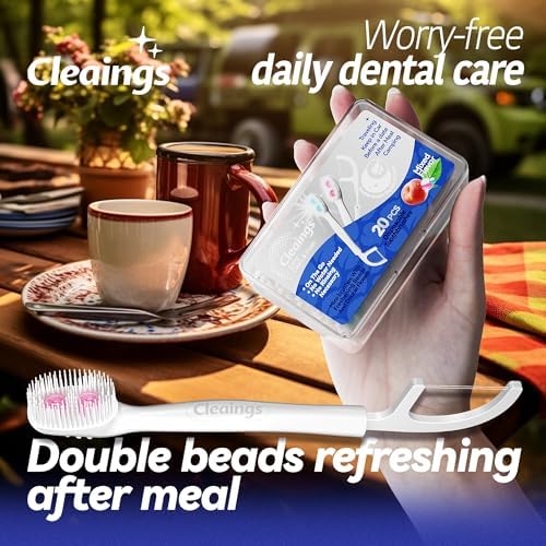 cleaings® Disposable Toothbrushes with Double Cleaning Beads Toothpaste and Clean Floss Picks for Work or Travel - 20 pcs-Mint Flavor（Pack of 1）