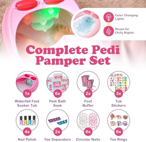 Kids Spa Day Kit for Girls - 42+ Piece Set with Waterfall Foot Spa - Perfect Spa Kit for Girls Ages 5+, Fun Pedicure and Party Supplies, Ideal for Girls Ages 6 7 8 9 10-12