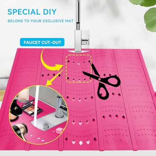 BRIAN & DANY Makeup Mat, Bathroom Sink Cover for Counter Space, Foldable Sink Topper Silicone Mat, RV Accessories, Space Saver, Pink, 19.3" x 15.6"