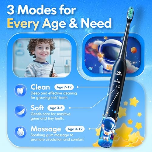 Kids Electric Toothbrush Rechargeable Age 3-5-6-12-18 Year Old, Sonic Toothbrush Kids with Timer 3 Modes 4 Vibrating Heads Habit Stickers Tooth Brush for Girls Boys and Childrens (Astronaut Black)