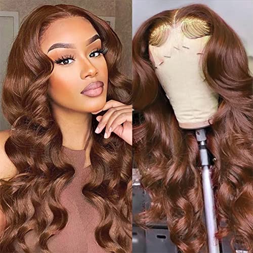 200% Density 13x4 Auburn Brown Body Wave Lace FrontWigs Chestnut Brown Colored Human HairWigs For WomenHD Transparent Lace FrontWig Human Hairwith Baby Hair 24 Inch