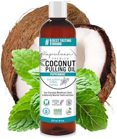 Coconut Oil Pulling for Teeth and Gums Mouthwash, 100% Pure and Natural, Non-GMO, Ayurvedic – Peppermint Pulling Oil