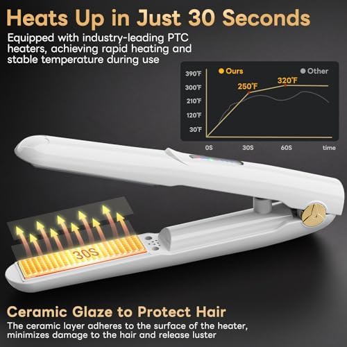 Cordless Hair Straightener and Curler 2 in 1 Ceramic Flat Iron Mini Cordless Portable Travel Hot Tools Straight Curl for Women Men USB Rechargeable with Pouch (White)