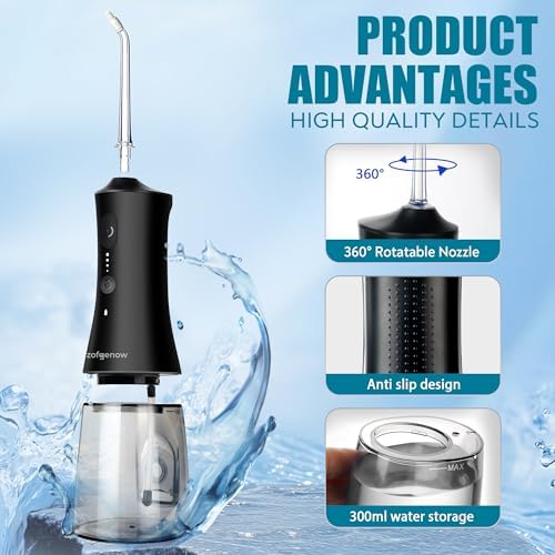 Cordless Water Dental Flosser for Teeth, 300ml Rechargeable Oral Irrigator Cleaning, 4 Modes & 6 Jet Tips, IPX7 Waterproof, Portable Dental Flosser for Braces & Travel, Black