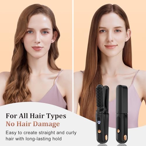 Cordless Hair Straightener Brush 3 in 1,Cordless Rechargeable Hair Straightener Comb Clip 5000mAh,Portable Travel Straightener,Mini Hot Straightening Comb for Women,Ceramic Coating,Black